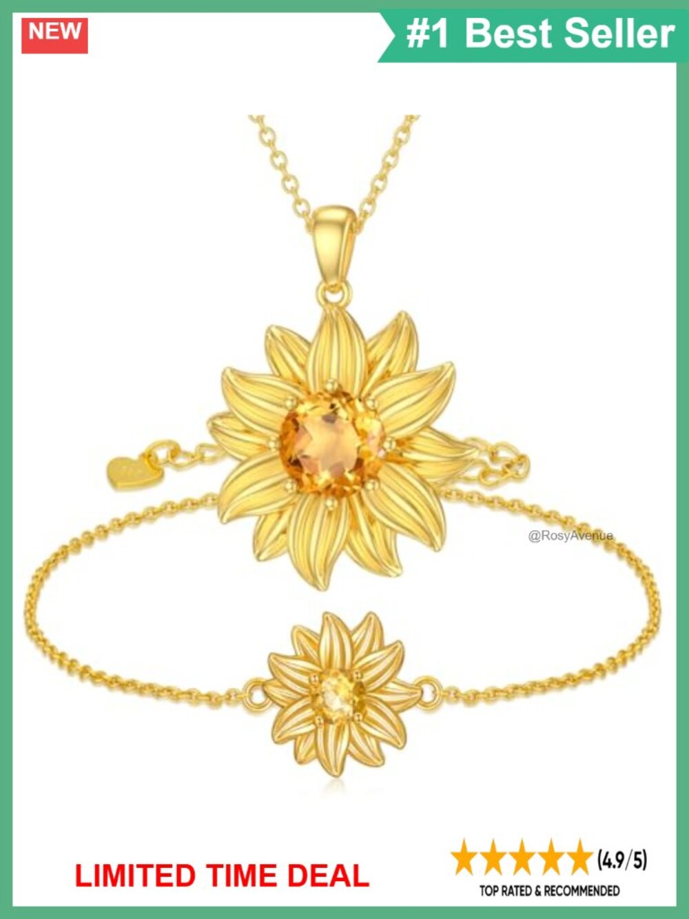 Sunflower Necklace Bracelet 925 Sterling Silver Gold Plated Citrine